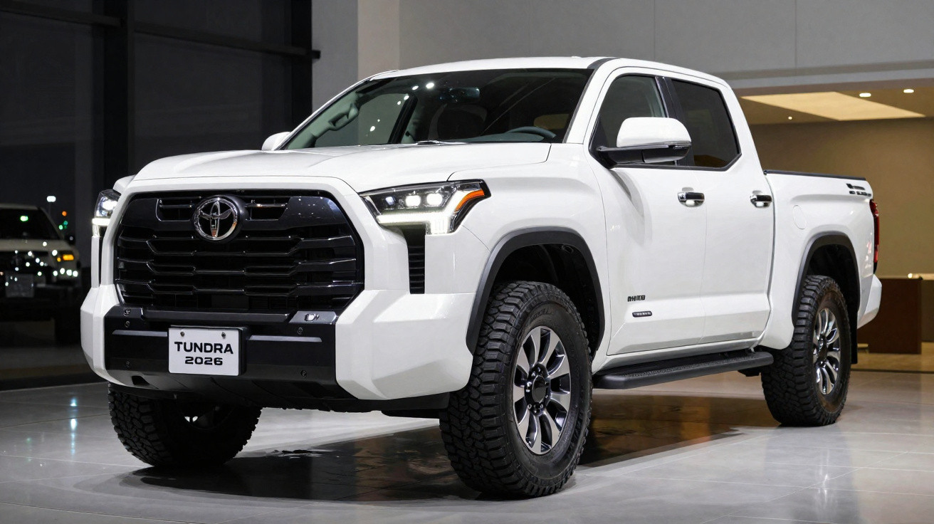 Picape Toyota Tundra 2026 branca estacionada em interior com chão espelhado.