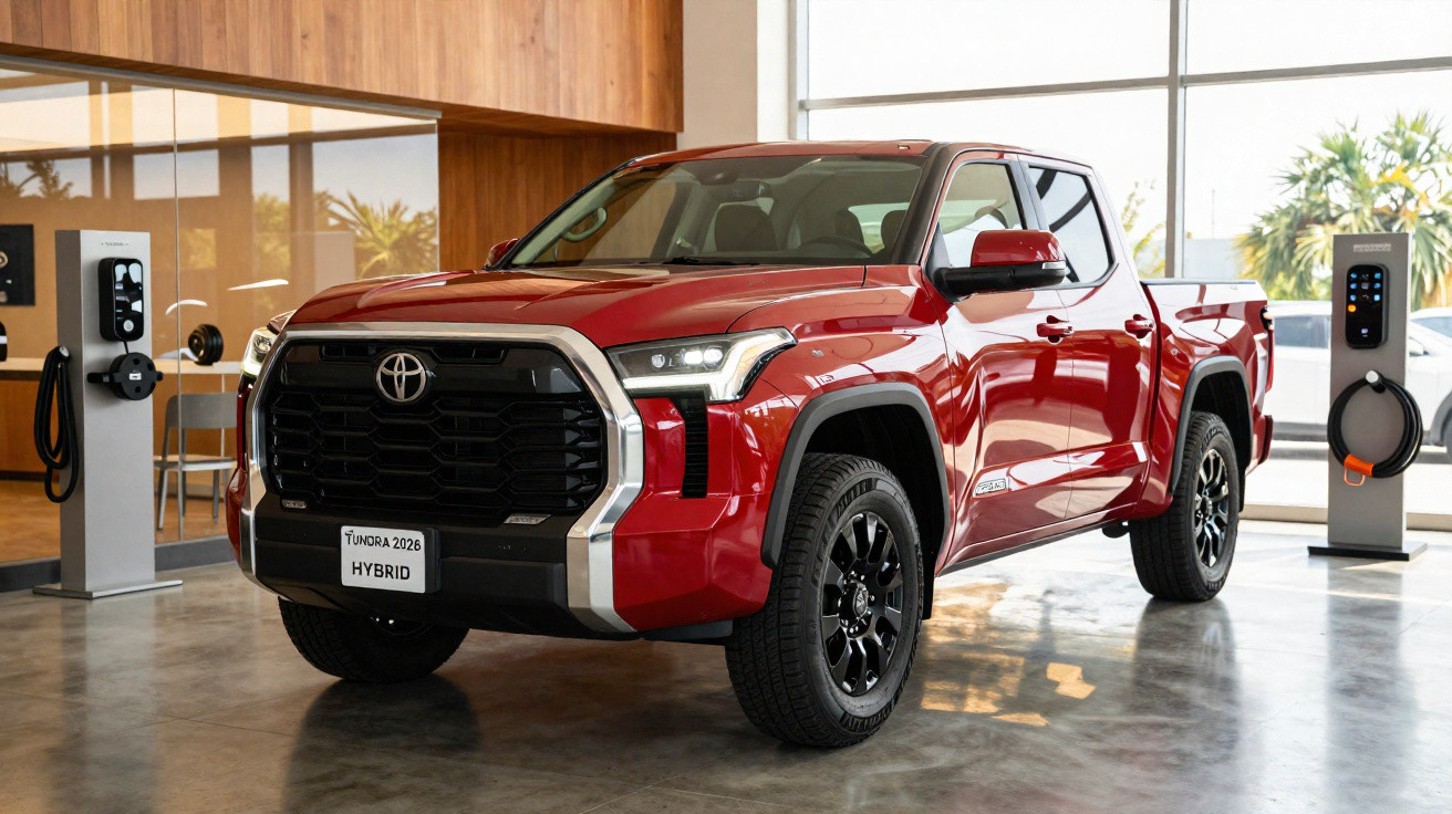 Pickup Toyota Tundra Hybrid 2026 vermelha estacionada em showroom moderno com carregadores elétricos.
