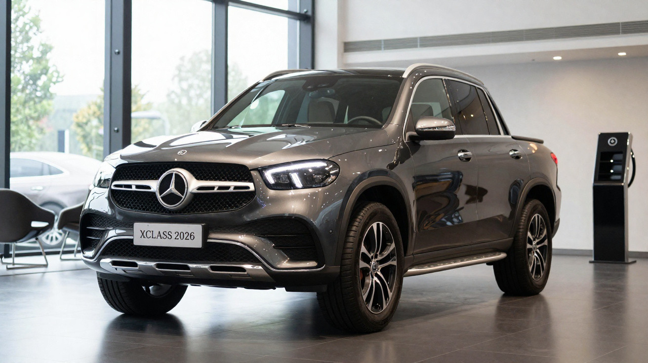 Mercedes-Benz XCLASS 2026 cinzento exposta num showroom moderno com grandes janelas.