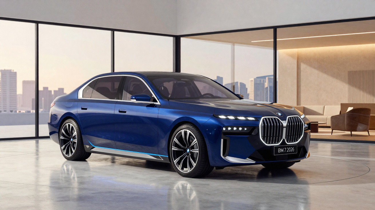 Carro elétrico BMW azul num showroom moderno com janelas amplas e vista urbana ao fundo.