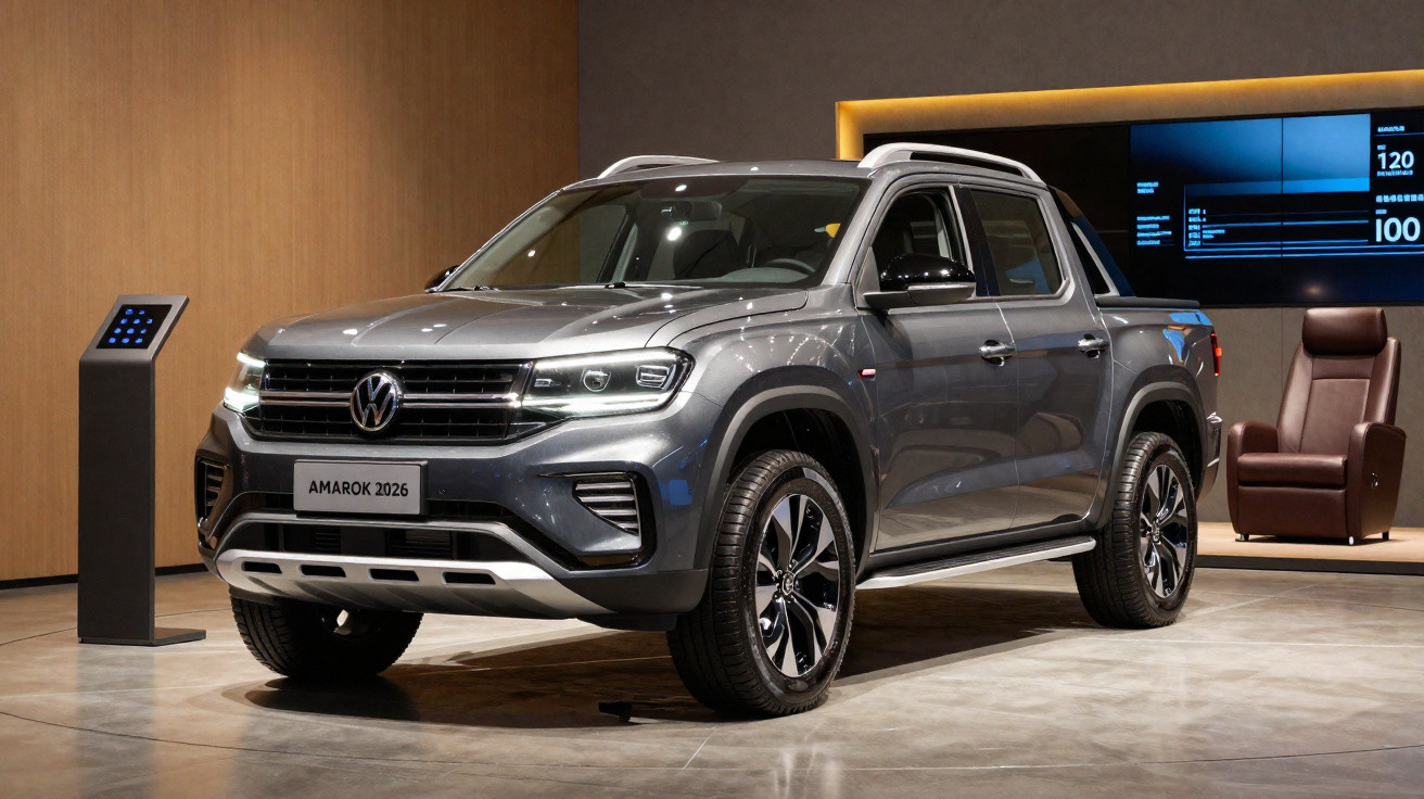 Picape Volkswagen Amarok 2026 cinza exposta em showroom moderno com iluminação suave.