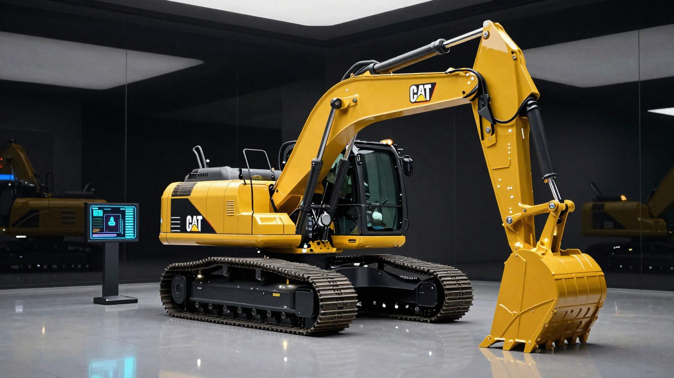 Escavadora amarela CAT com lagartas, exposta em sala com paredes espelhadas e monitor digital ao lado.