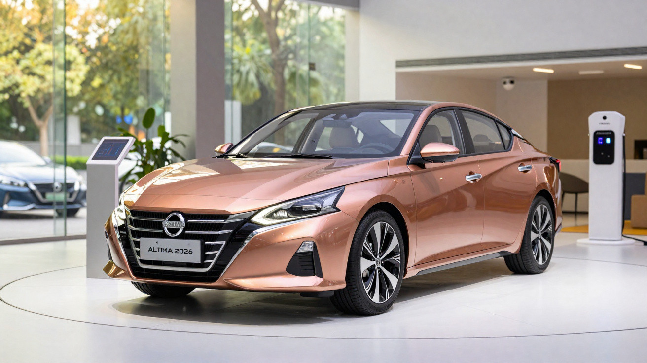 Automóvel Nissan Altima 2026 de cor bronze exposto em salão moderno com vidro e suportes digitais.