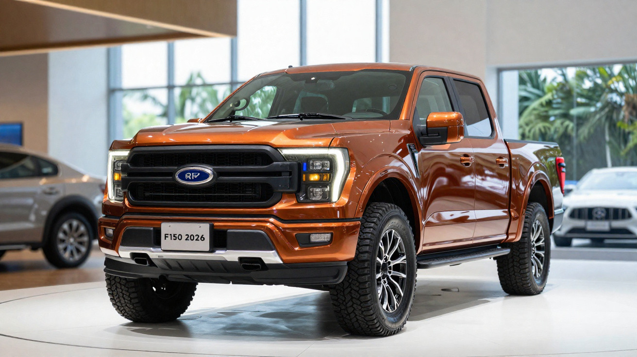 Picape Ford F150 2026 cor laranja exposta em showroom moderno com luz natural.