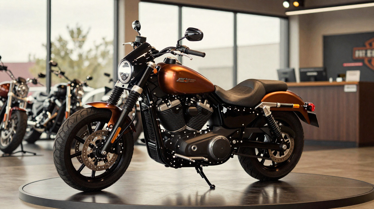 Motociclo Harley-Davidson laranja exposto em plataforma numa loja moderna com outras motos ao fundo.