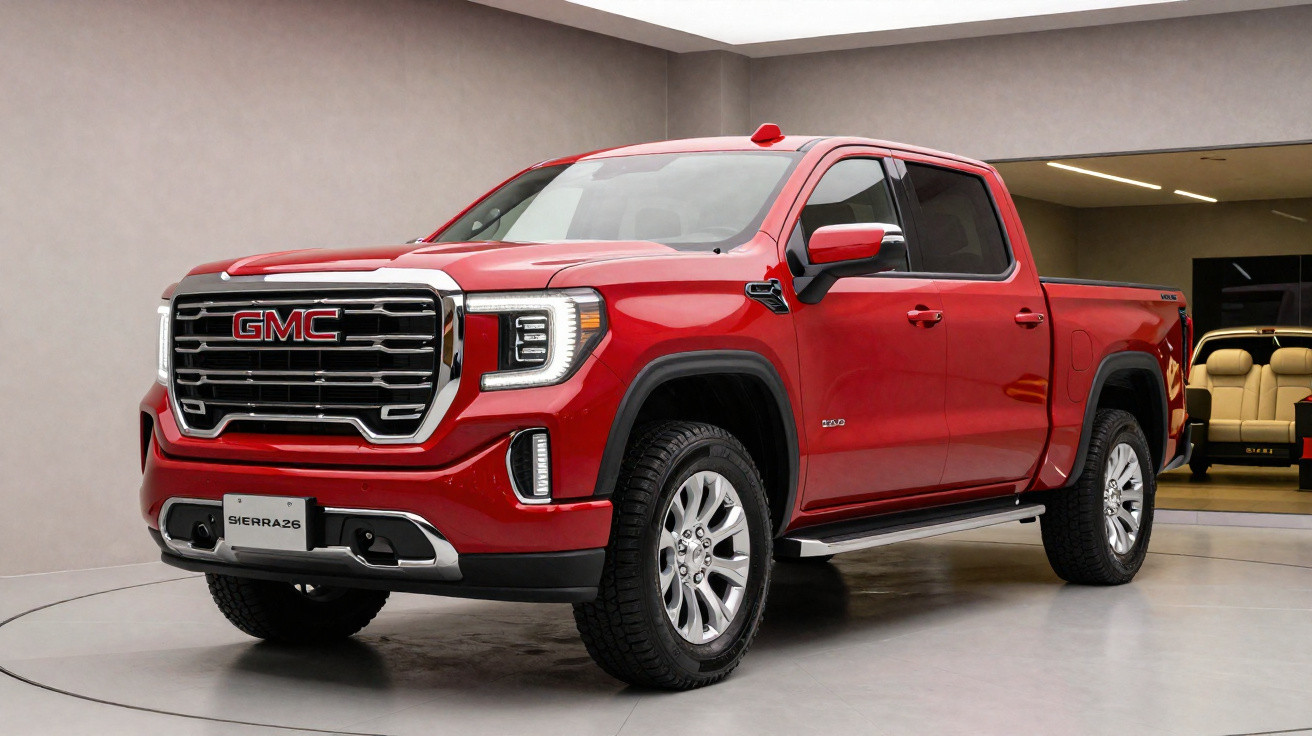 Pick-up vermelha GMC Sierra 26 estacionada em espaço interior moderno com paredes cinza.
