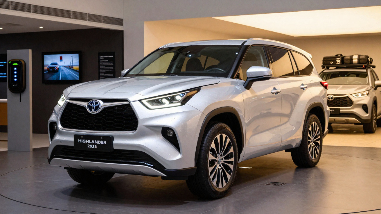 Carro SUV Toyota Highlander 2026 prateado em exposição numa sala moderna.