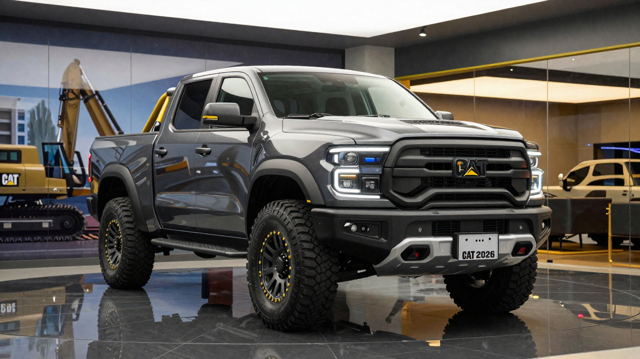 Picape cinzenta com pneus off-road exposta em showroom moderno com vidros e equipamentos de construção no fundo.
