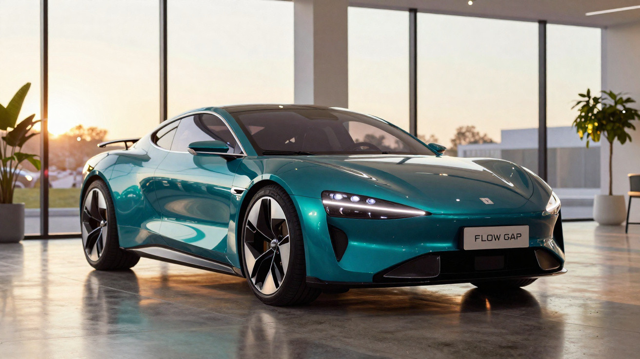 Carro desportivo elétrico azul turquesa estacionado em interior moderno com janelas amplas ao pôr do sol.