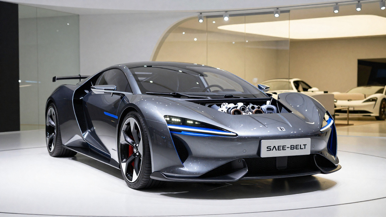 Carro desportivo elétrico cinza em exposição num showroom moderno com espelhos e luzes embutidas.