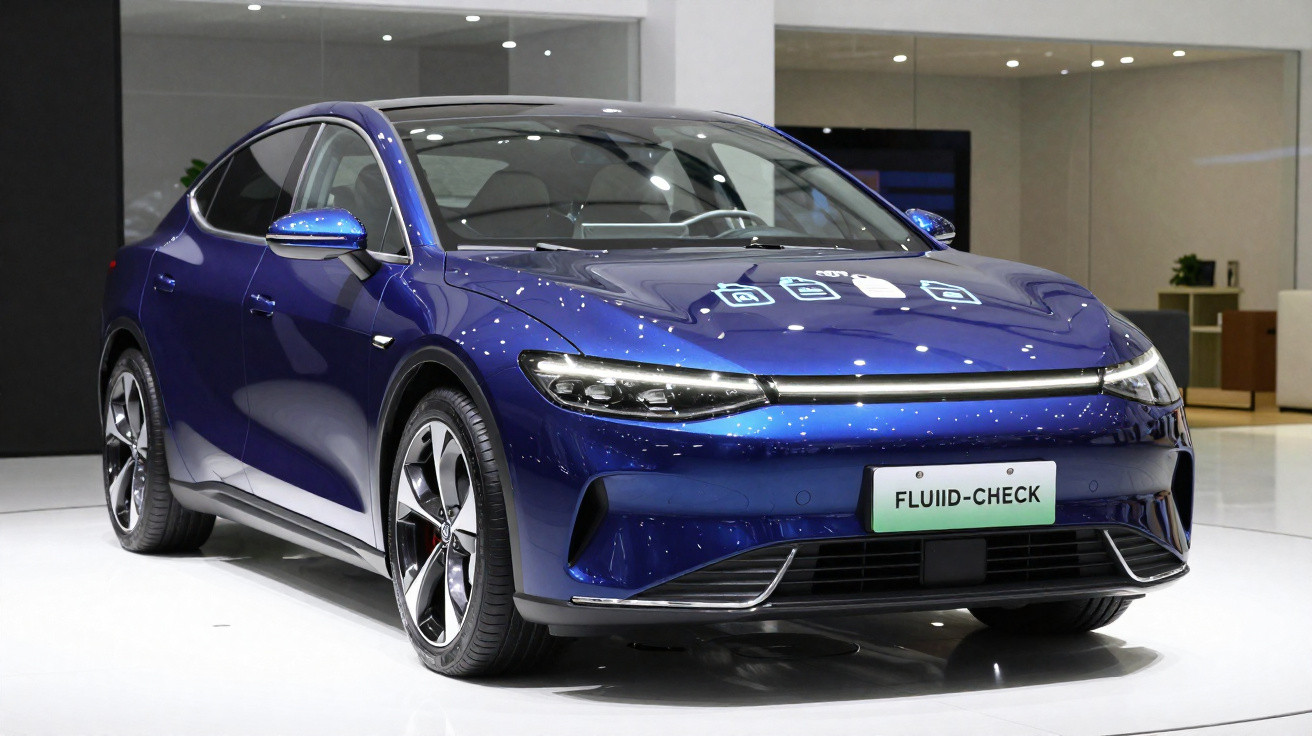 Automóvel desportivo eléctrico azul exposto em espaço interior moderno.