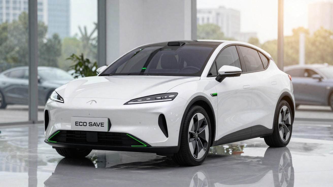 Carro elétrico branco ECO SAVE numa exposição moderna com janelas e luz natural.