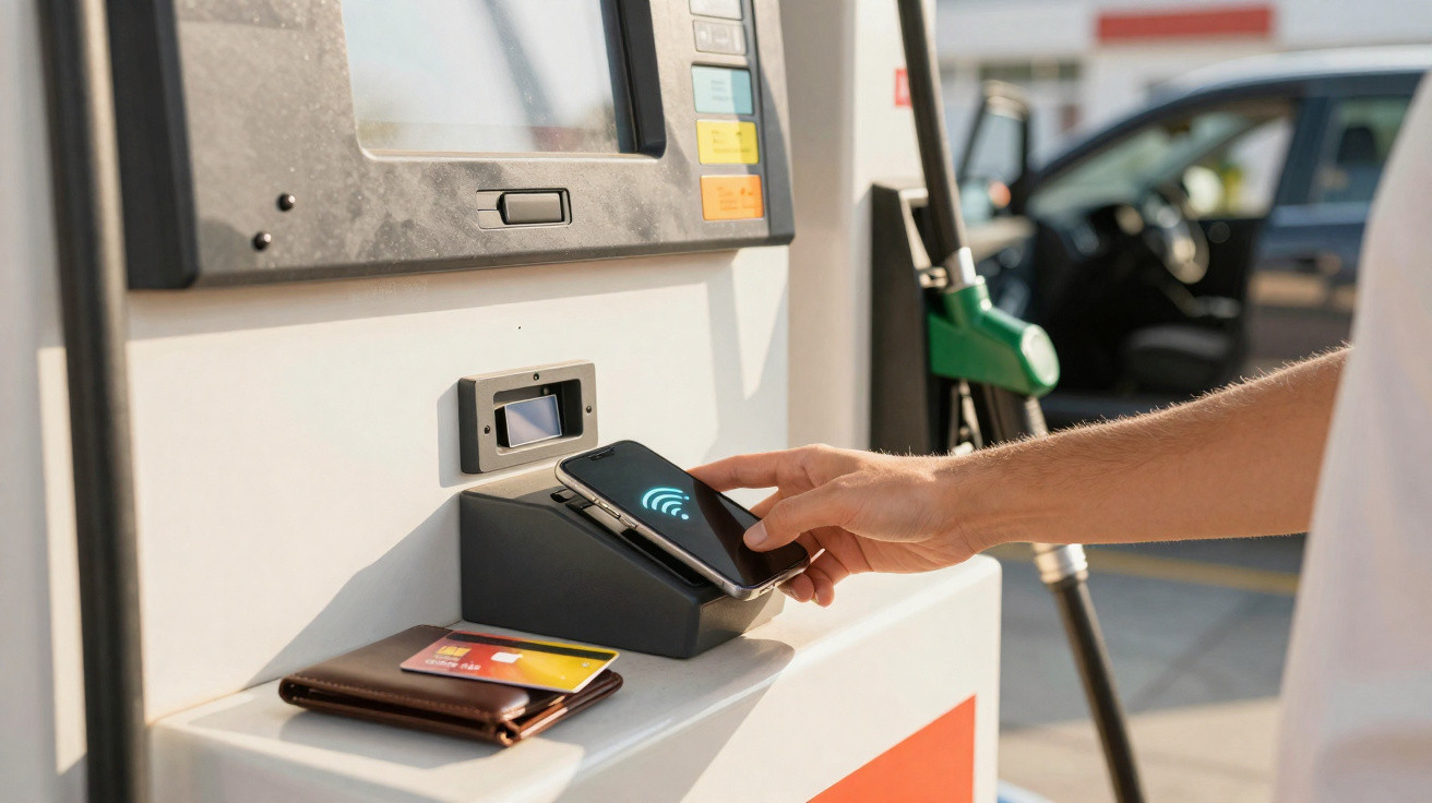 Pessoa a pagar combustível com telemóvel num posto de gasolina, perto de carteira com cartão.