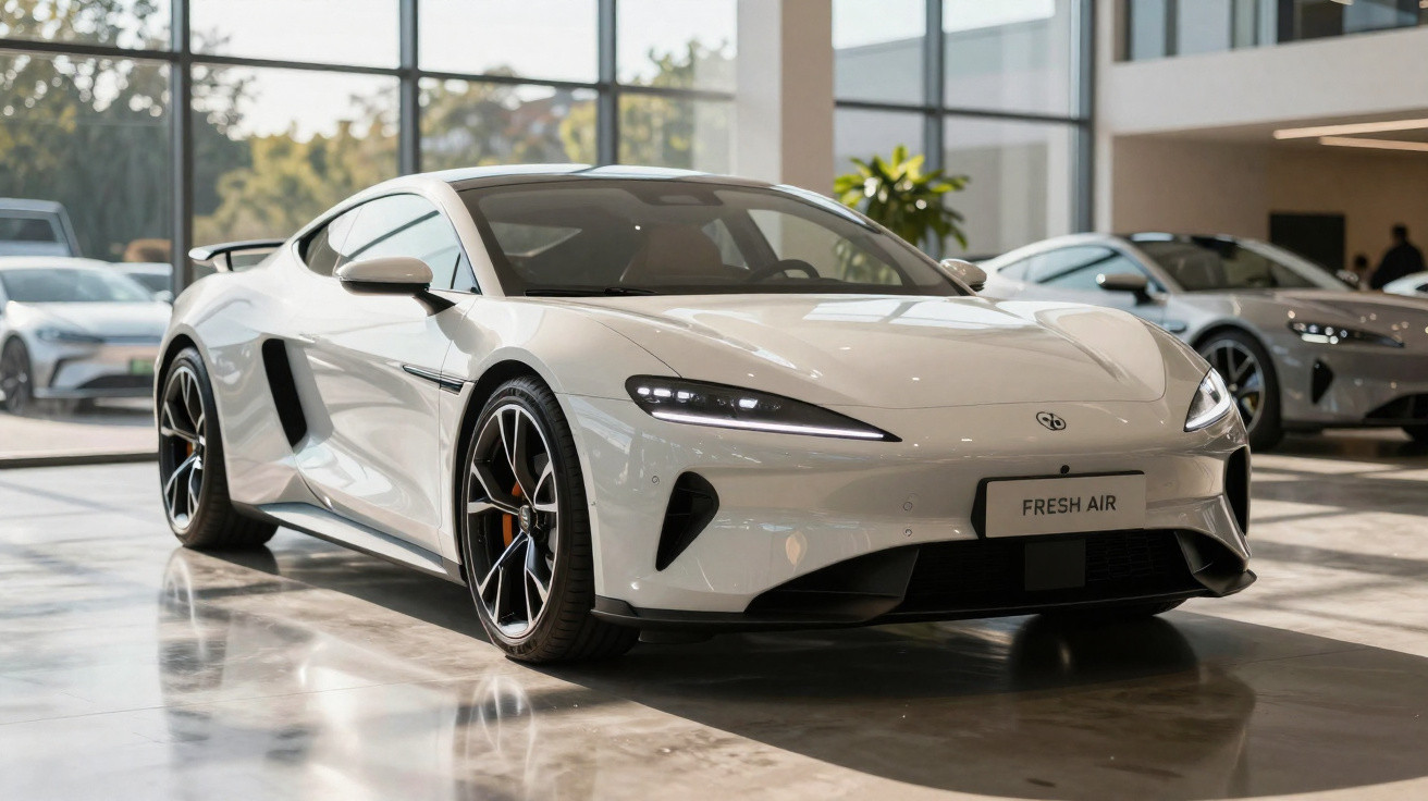 Carro desportivo branco elétrico estacionado num showroom moderno com janelas amplas.