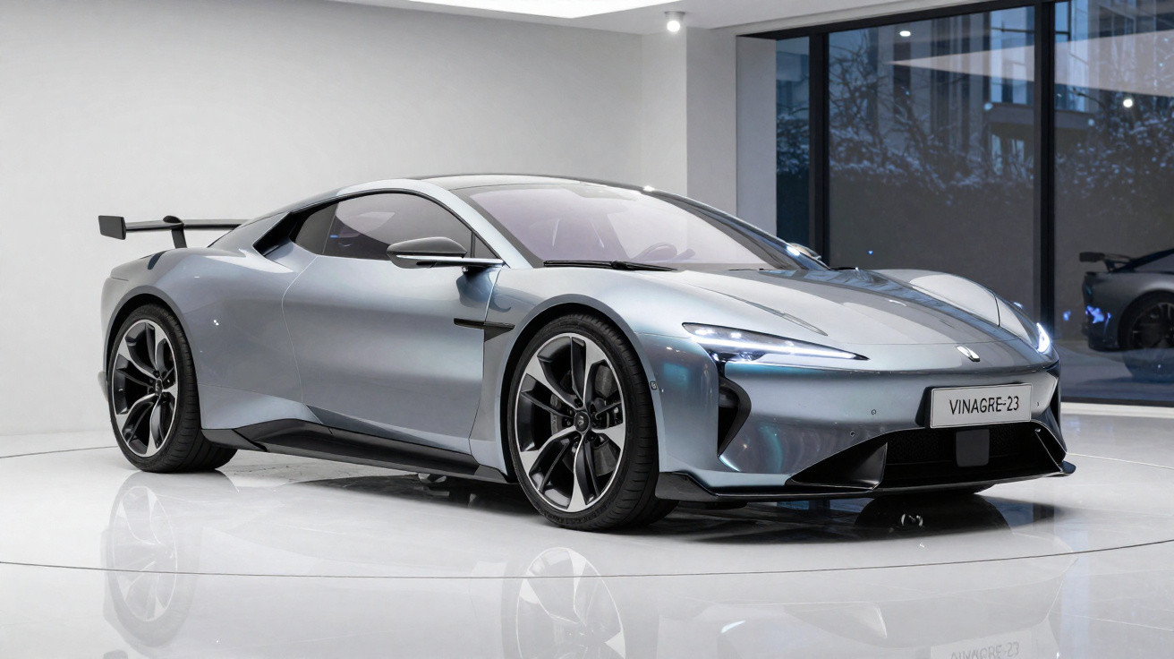 Carro desportivo elétrico cinza metálico Vinagre-23 numa sala de exposição moderna com janelas de vidro.