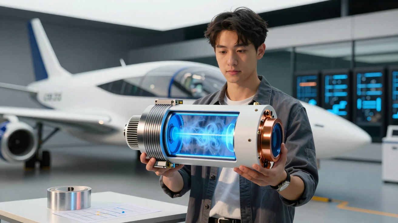 Homem a segurar dispositivo tecnológico com luz azul numa hangar com avião ao fundo.