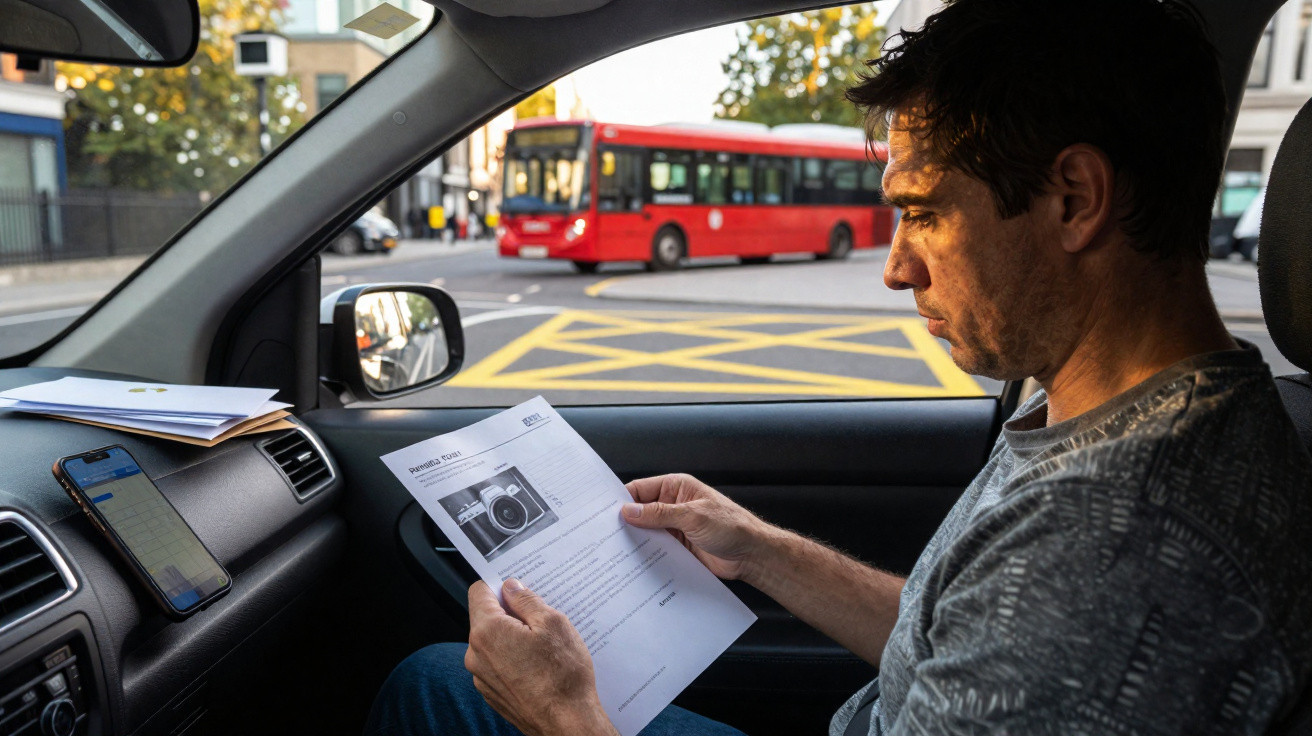 Homem dentro de carro a ler documento, com autocarro vermelho ao fundo numa rua movimentada.