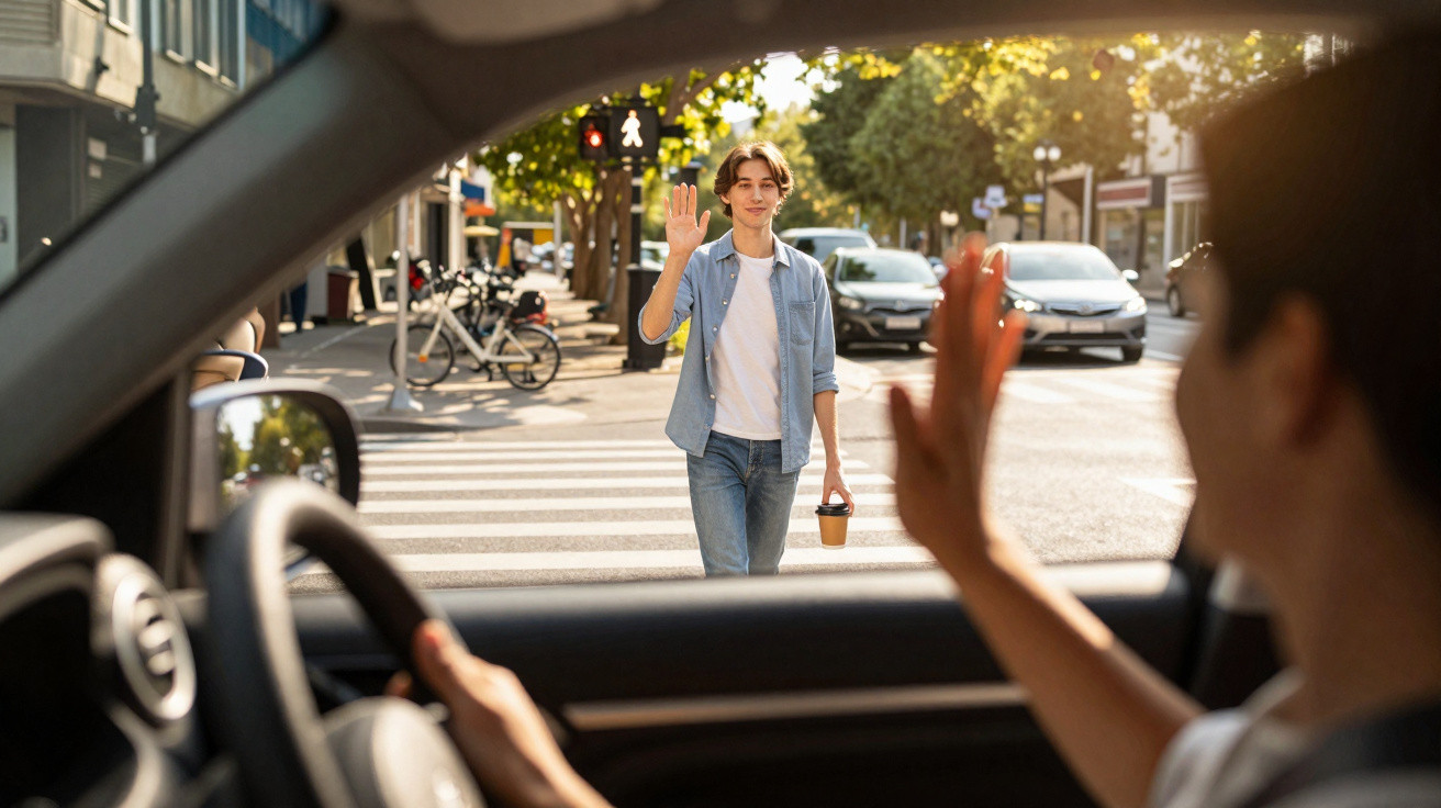 Pessoa a atravessar passadeira e a cumprimentar condutor dentro de carro numa rua urbana ensolarada.