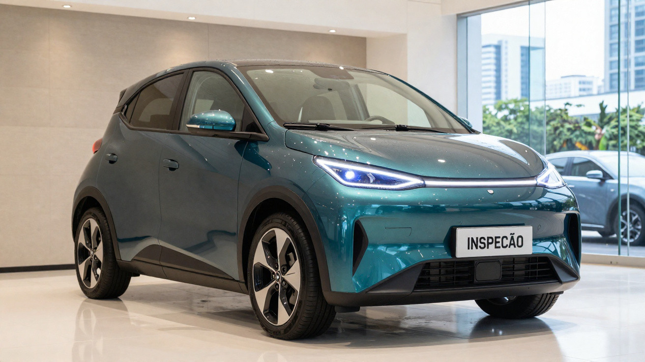 Carro elétrico azul metálico numa sala de exposição com luzes LED ligadas e placa de inspeção.