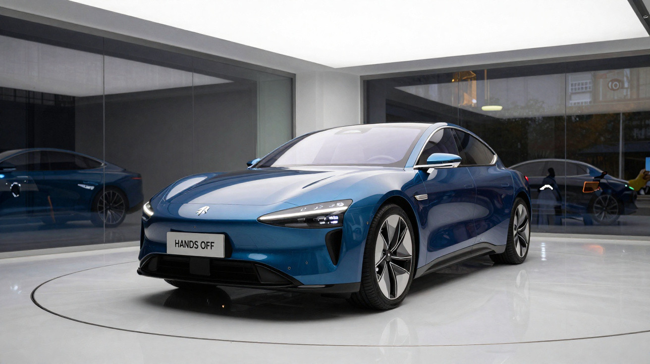 Carro elétrico desportivo azul exposto numa sala moderna com paredes espelhadas e luz natural abundante.