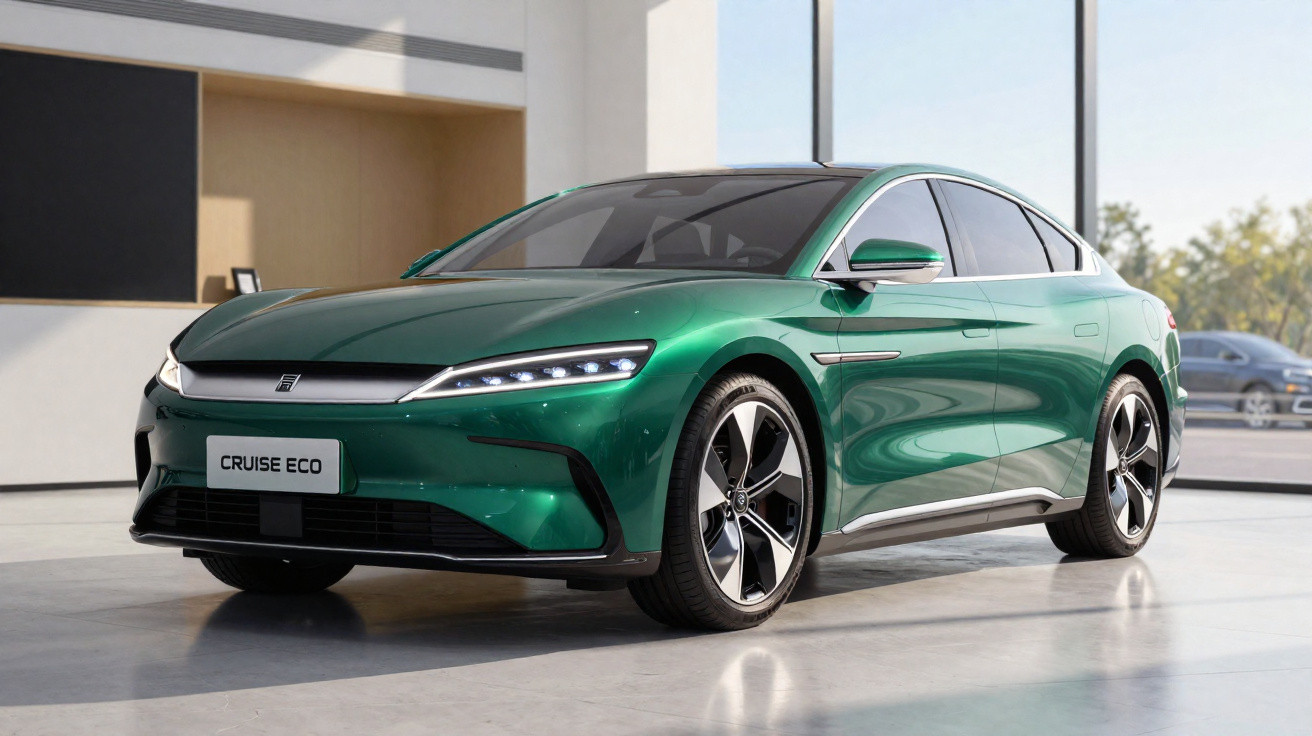 Carro elétrico verde moderno Cruise Eco estacionado num espaço interior com grandes janelas.