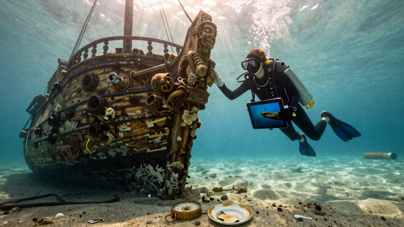 Mergulhador examina naufrágio de navio antigo no fundo do mar com objetos espalhados na areia.