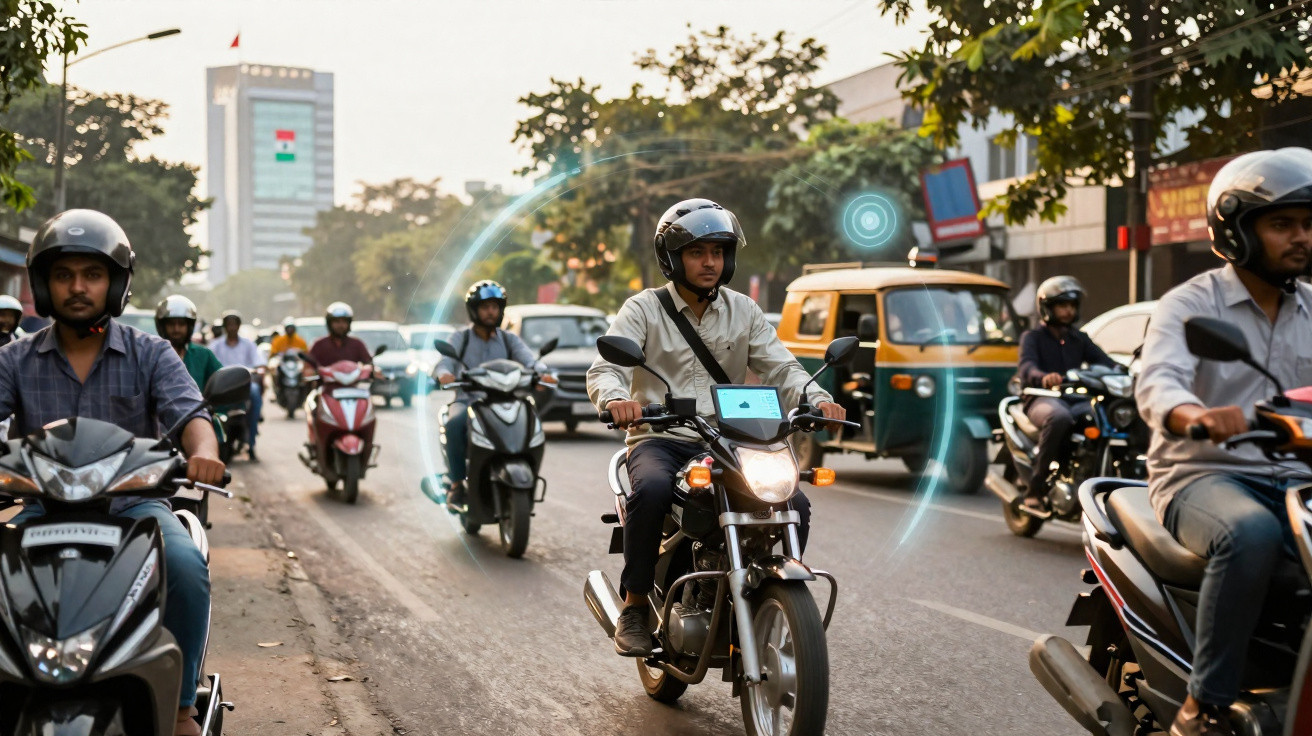 Vários motociclistas de capacete a circular numa estrada movimentada numa cidade urbana ao final da tarde.