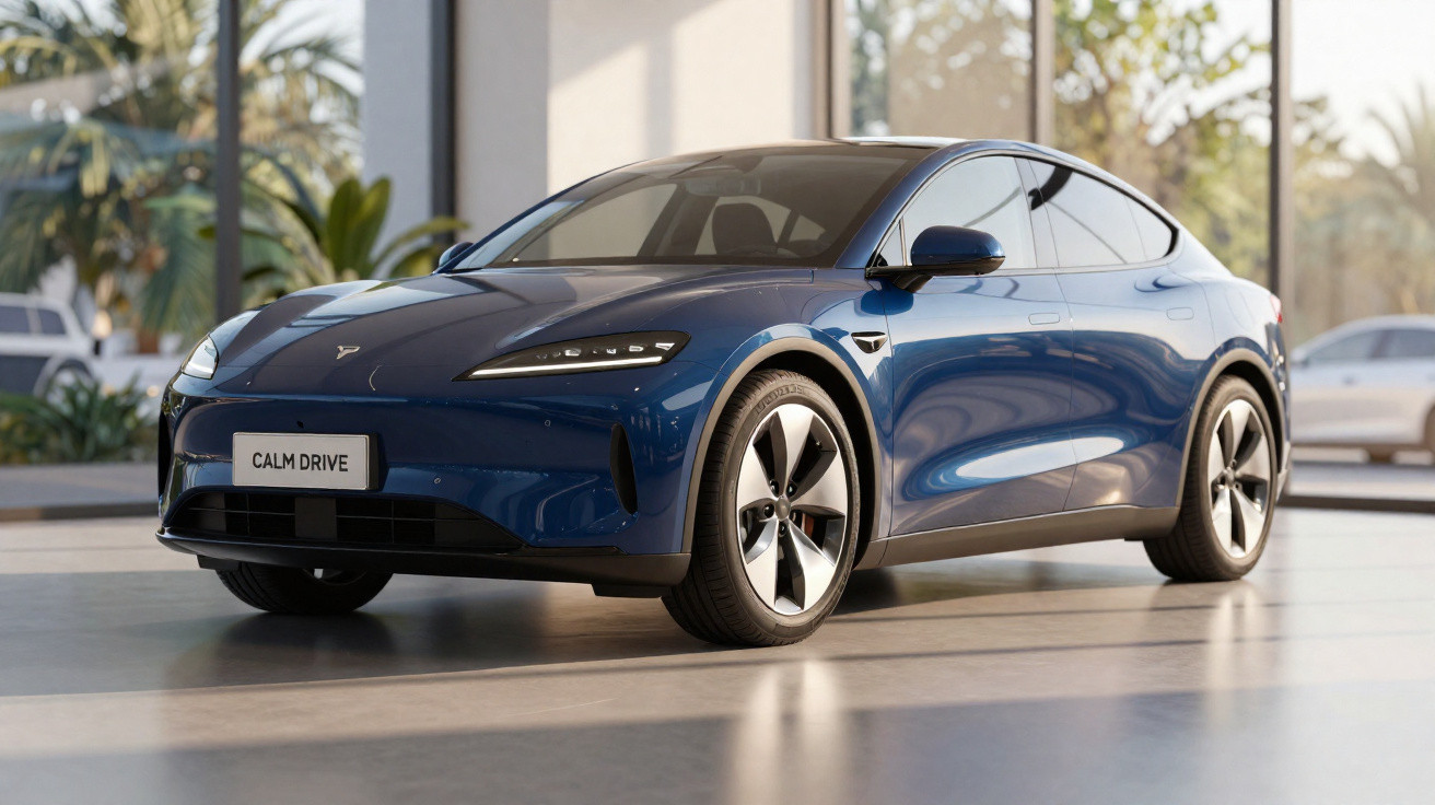 Carro elétrico azul escuro estacionado em espaço interior moderno com placa CALM DRIVE.