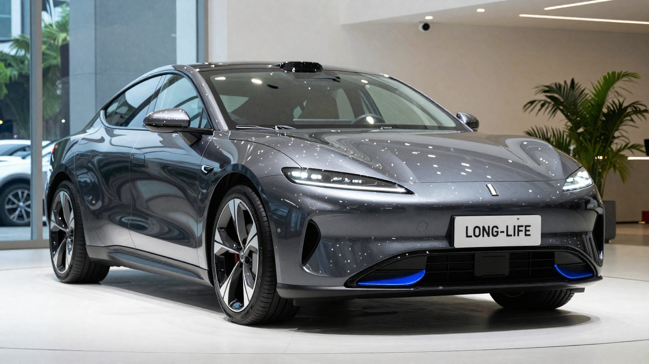 Carro elétrico cinzento moderno estacionado numa sala de exposição com placa "LONG-LIFE" na frente.