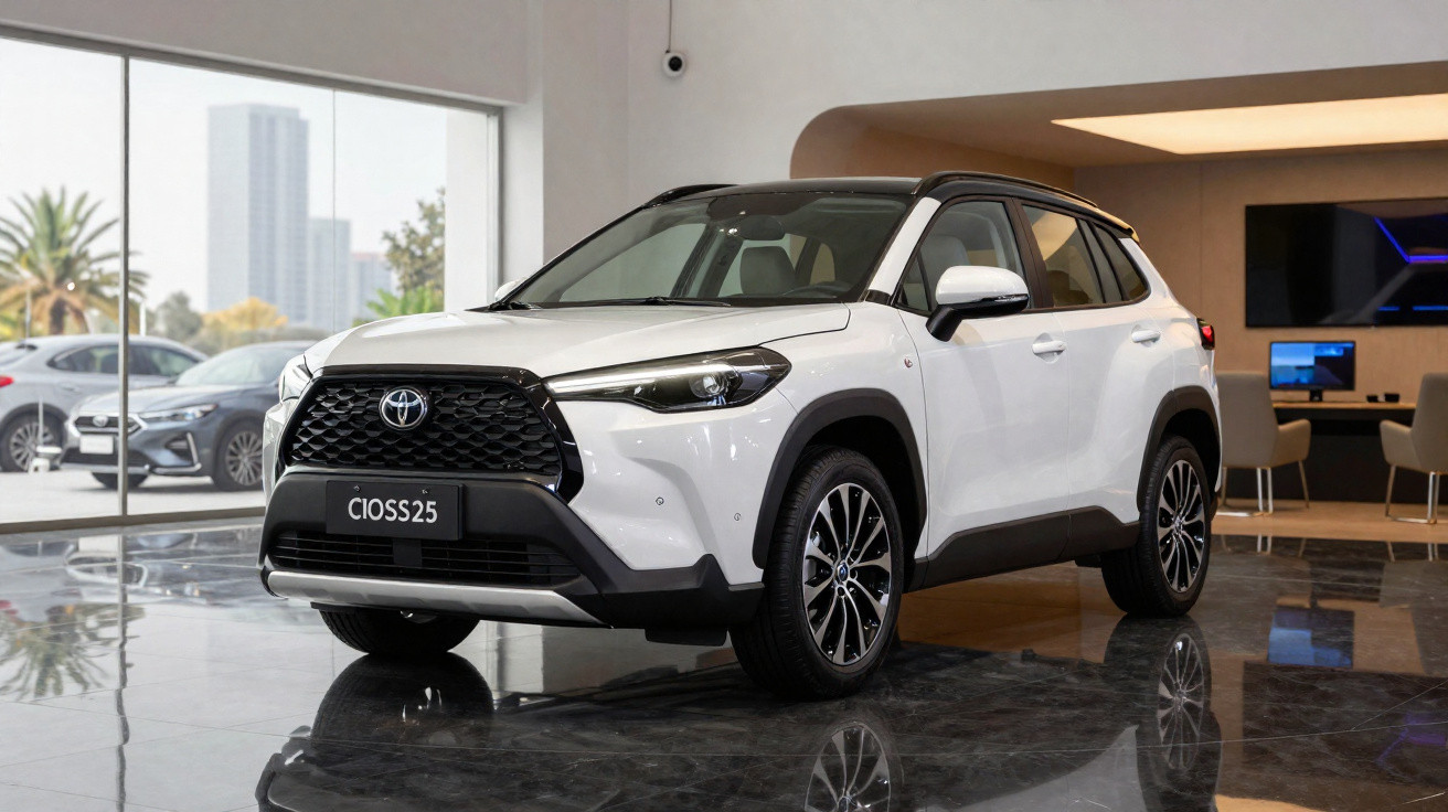 Carro SUV Toyota branco modelo Cioss25 exposto numa sala moderna com chão brilhante.
