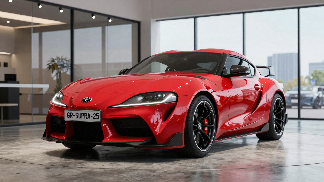 Carro desportivo vermelho Toyota Supra GR estacionado em piso interior refletivo com fundo de janelas grandes.