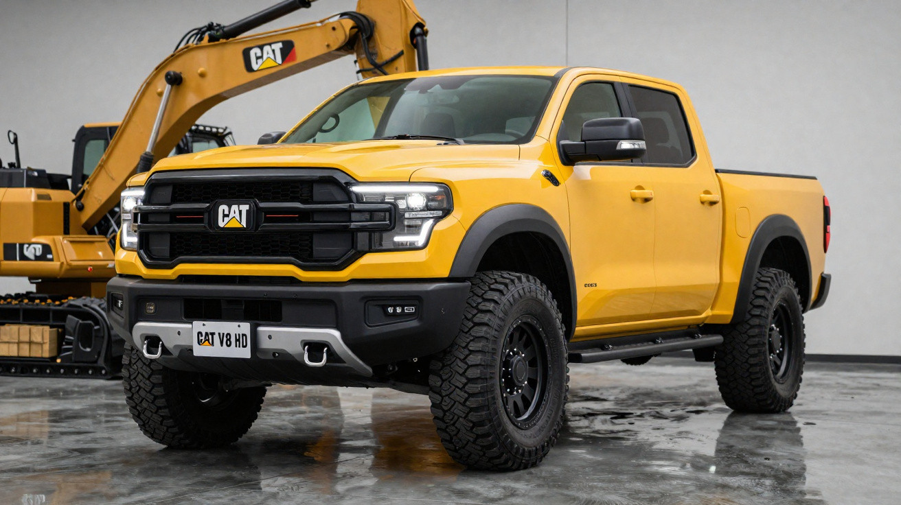 Camioneta amarela robusta CAT V8 HD estacionada em piso refletor com escavadora amarela ao fundo.