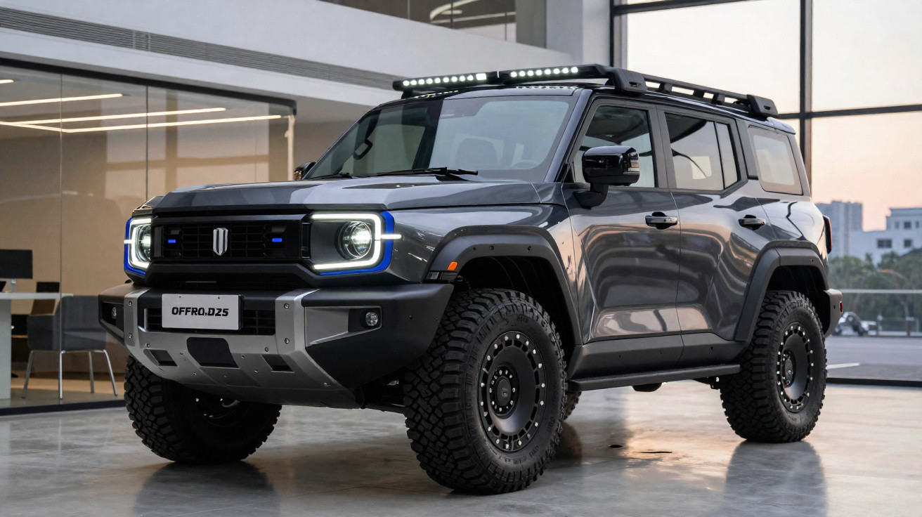 Veículo SUV elétrico cinzento robusto com pneus todo-o-terreno e barra de luz LED no tejadilho.