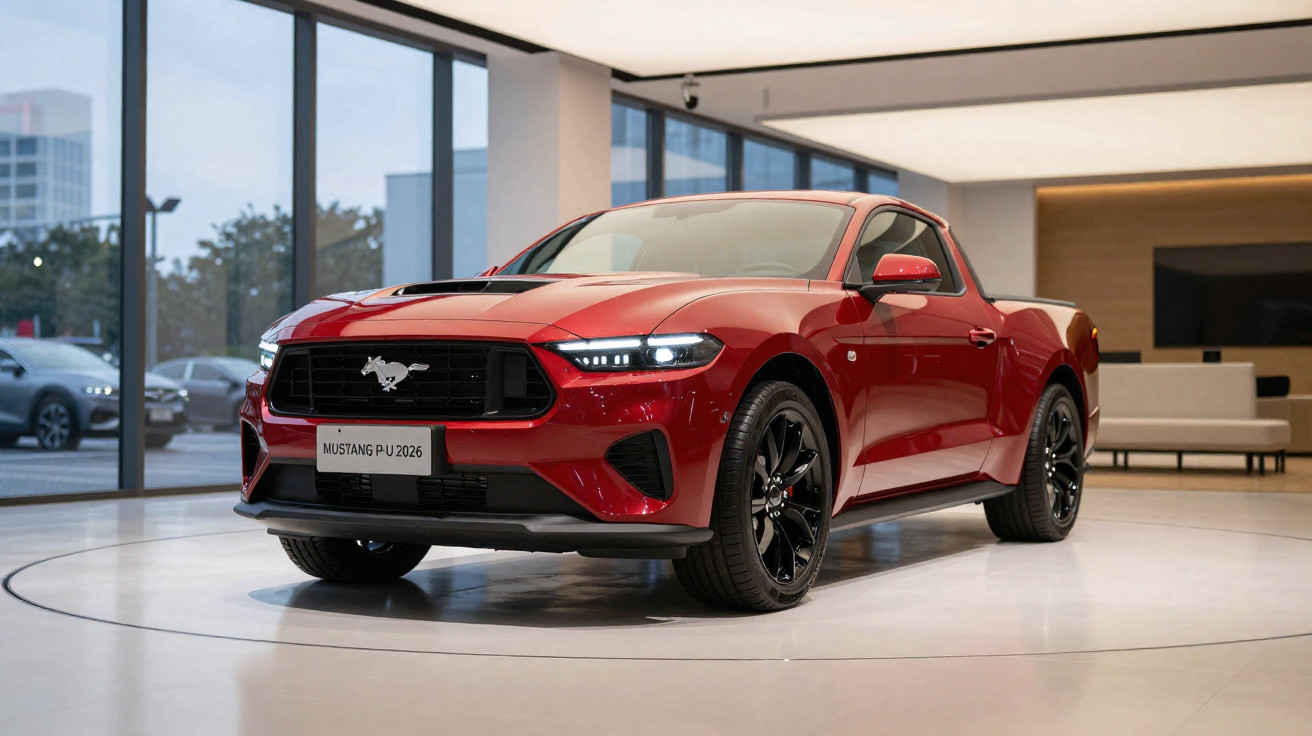 Pick-up desportiva Ford Mustang P-U 2026 vermelha exibida em salão moderno com grandes janelas.