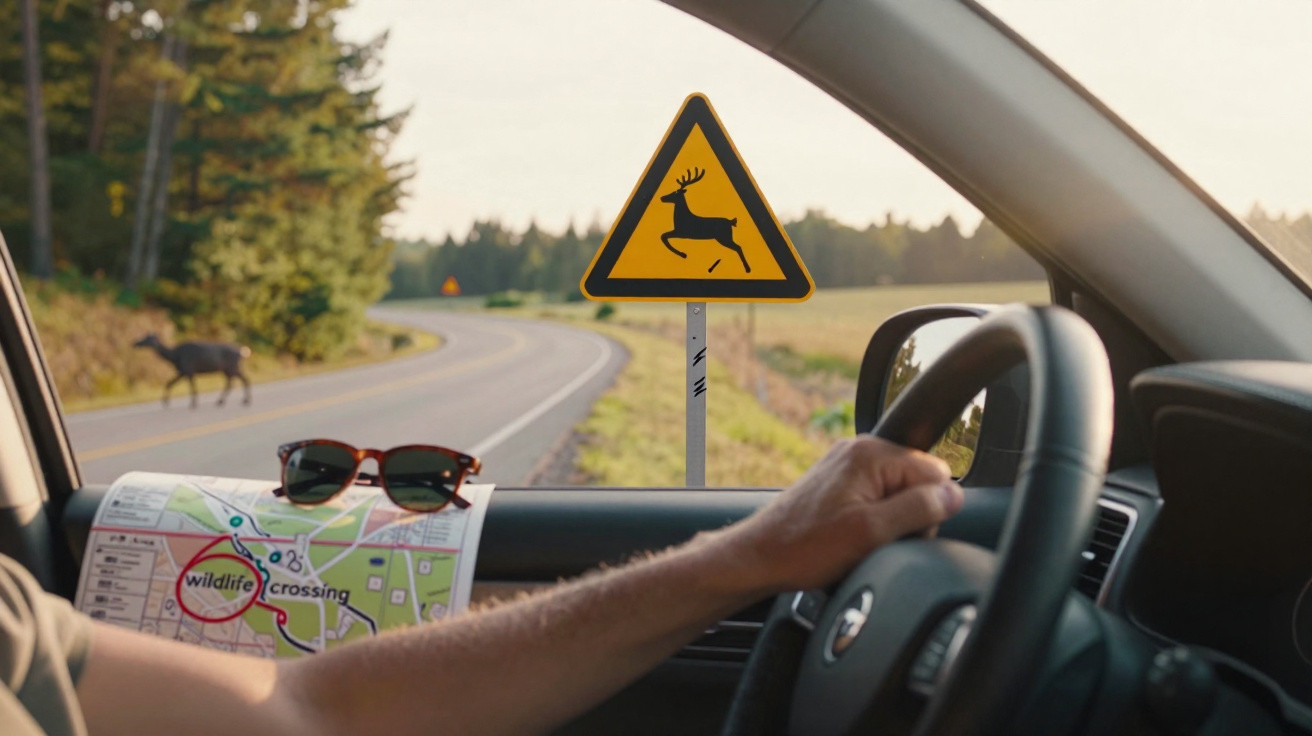 Sinal de trânsito de aviso de passagem de veados numa estrada curva vista de dentro de um carro.