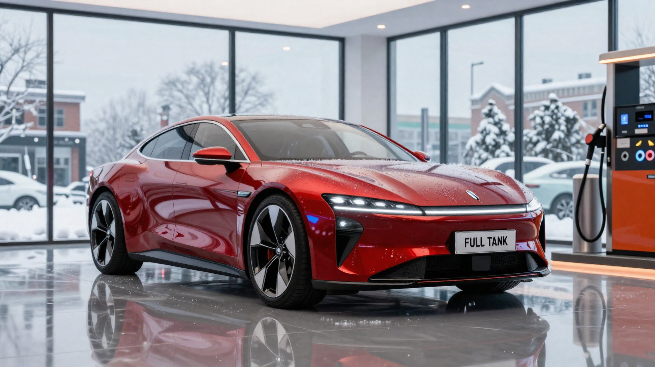 Carro elétrico vermelho de linha desportiva estacionado em salão com neve visível através das janelas.