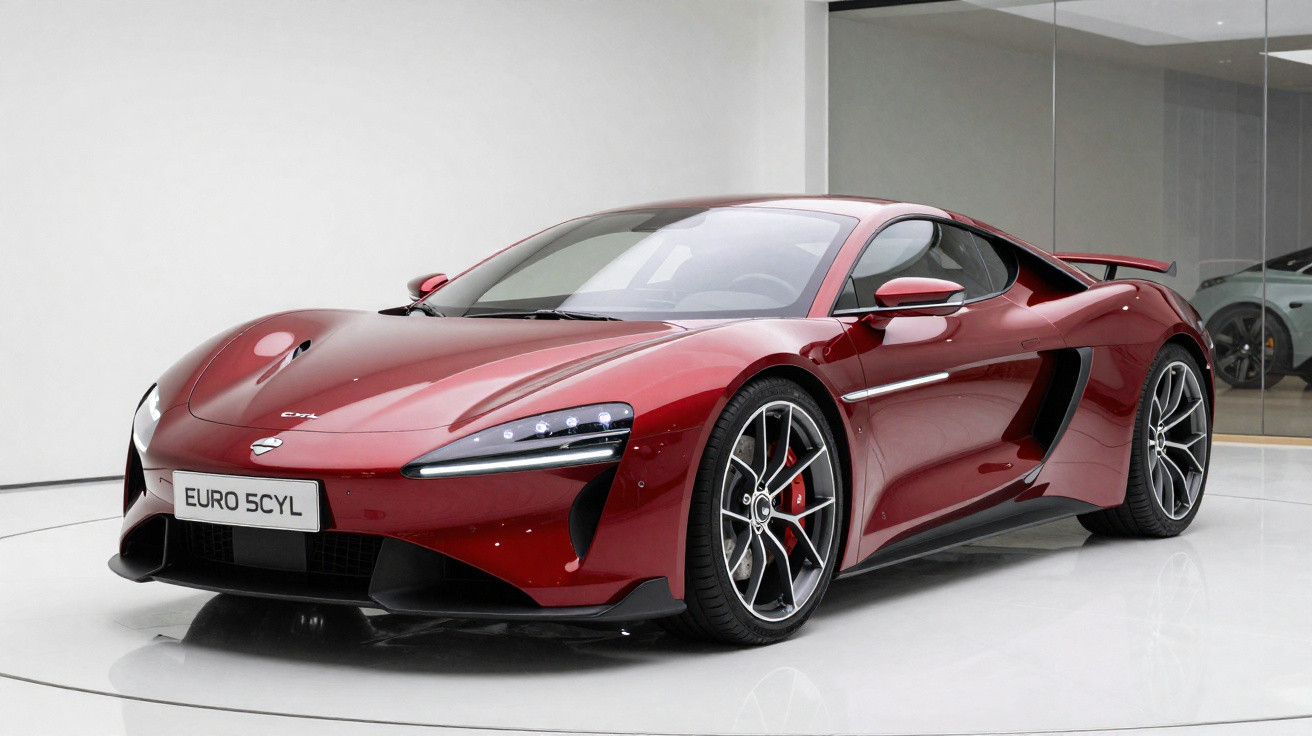 Carro desportivo vermelho metálico estacionado em ambiente moderno com chão branco e paredes espelhadas.