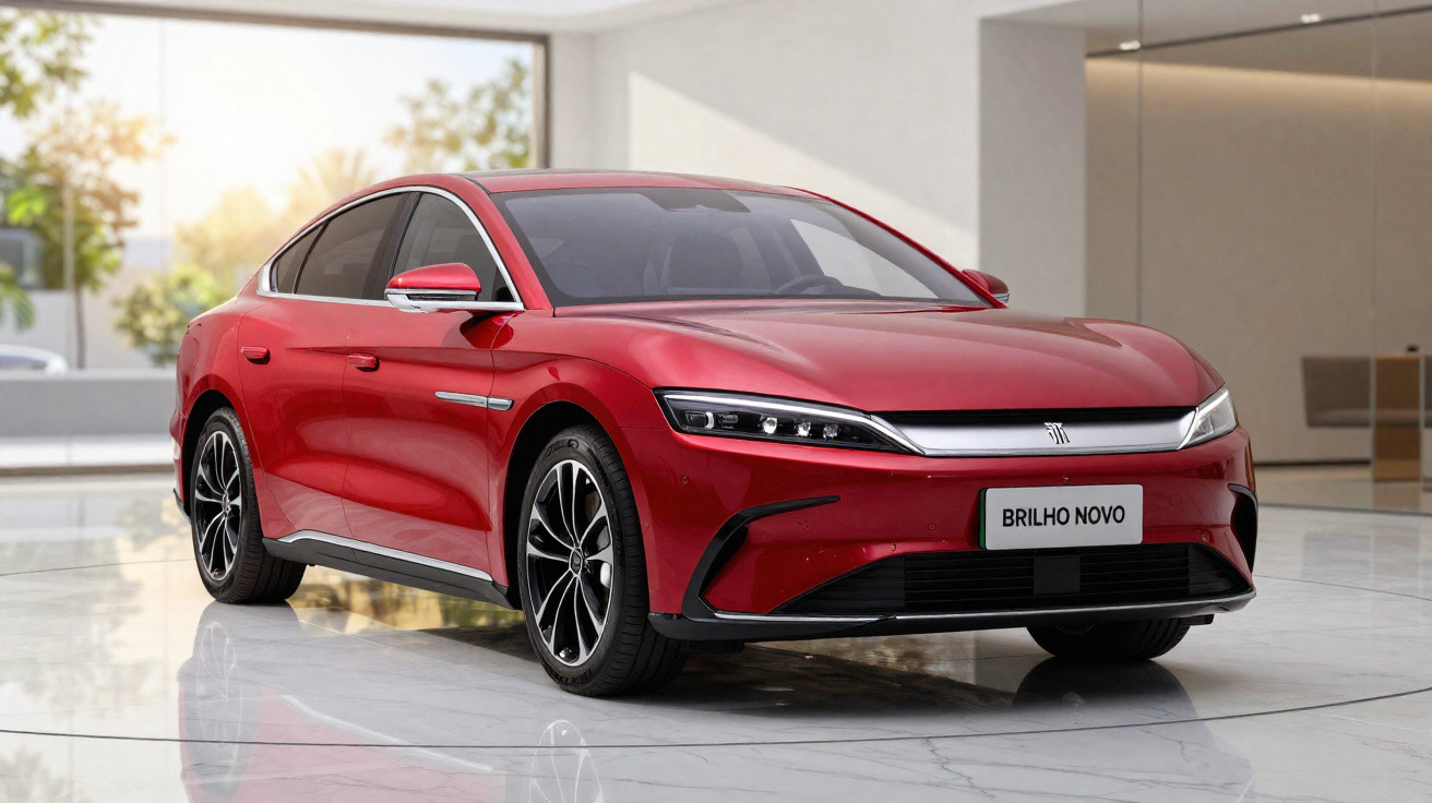 Carro elétrico vermelho moderno num salão de exposições com piso de mármore claro e iluminação natural.