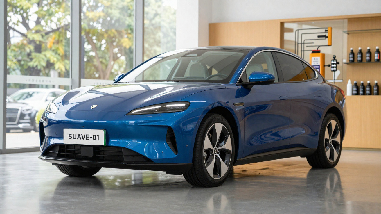 Carro elétrico desportivo azul estacionado num showroom moderno com janelas amplas.