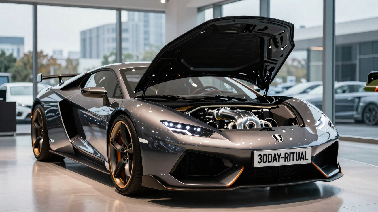 Carro desportivo cinza metálico com capô aberto exibindo motor, numa exposição moderna com janelas amplas.