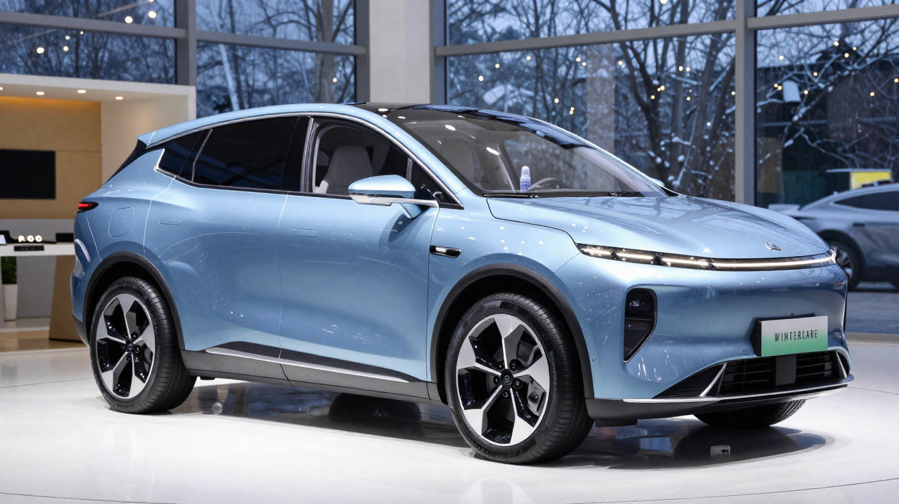 Carro elétrico moderno azul exposto numa sala com grandes janelas e iluminação natural.