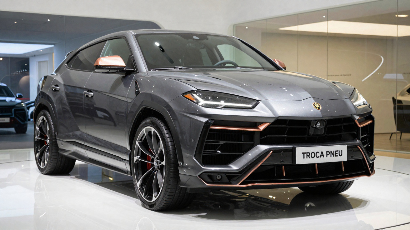 Carro SUV cinzento escuro com detalhes cor de cobre numa sala de exposição moderna.