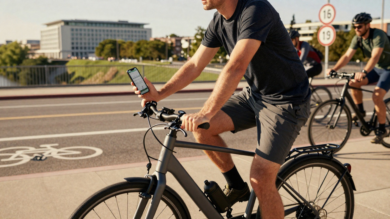 Homem de bicicleta a consultar telemóvel junto a ciclovia urbana em dia solarengo.