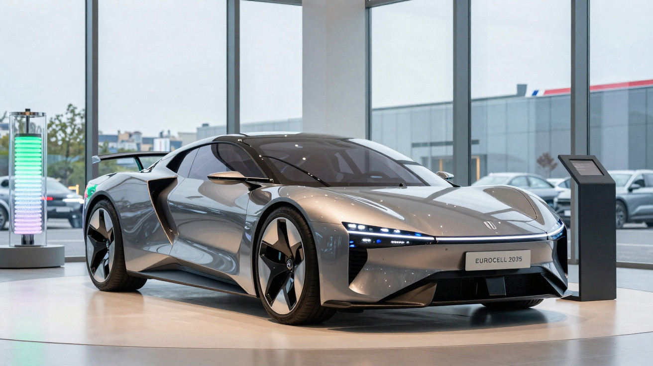 Carro desportivo futurista prateado Eurocell 2035 em exposição numa sala ampla com janelas grandes.