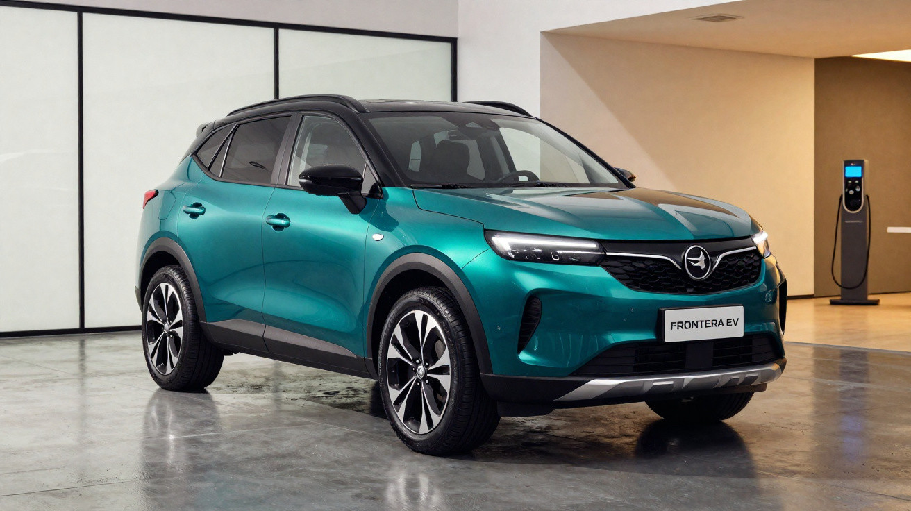 SUV Opel Frontera EV verde numa garagem moderna com posto de carregamento elétrico ao fundo.