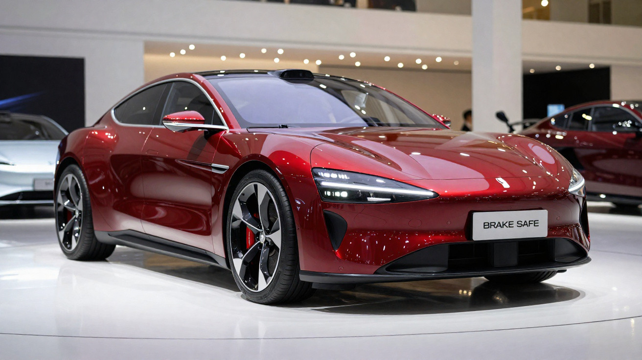 Carro desportivo elétrico vermelho exposto em ambiente interior moderno, com iluminação refletida na pintura polida.