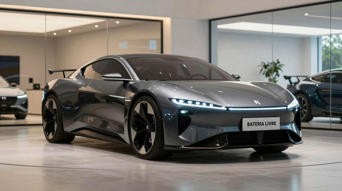 Carro elétrico desportivo cinzento num salão moderno, com luzes LED e design aerodinâmico.