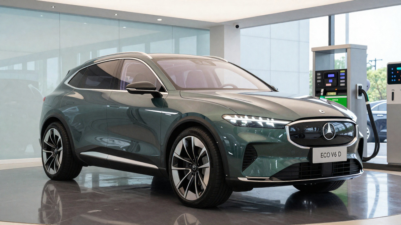 Carro elétrico Mercedes-Benz verde exibido em showroom moderno com piso refletor e iluminação suave.