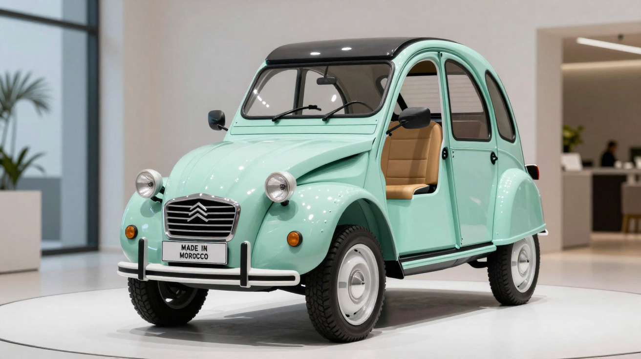 Carro clássico Citroën 2CV verde claro exposto em ambiente interior moderno.