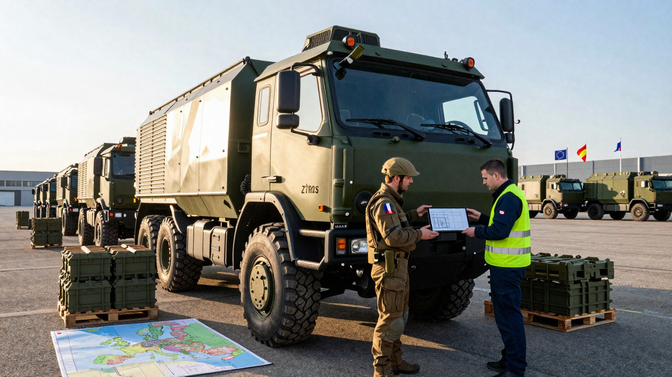 Soldado e civil junto a caminhões militares verdes com caixas e mapas numa área de estacionamento.